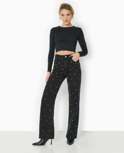 Jean droit avec strass devant Femme - Couleur noir - Taille 36 - Jean Femme - PIMKIE