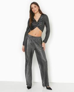 Pantalon fluide en tissu texturé avec lurex doré Femme - Couleur gris - Taille S - Pantalon Femme - PIMKIE