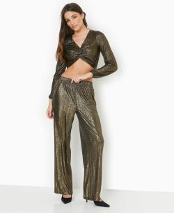 Pantalon fluide en tissu texturé avec lurex argenté Femme - Couleur jaune - Taille L - Pantalon Femme - PIMKIE