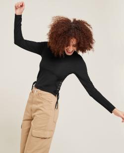 Top maille côtelée avec lacets Femme - Couleur noir - Taille S - T-shirt et Top Femme - PIMKIE
