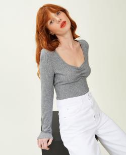 Top manches longues maille côtelée Femme - Couleur gris - Taille M - T-shirt et Top Femme - PIMKIE