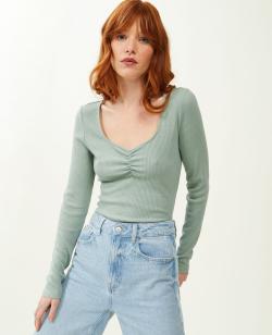 Top manches longues maille côtelée Femme - Couleur vert - Taille S - T-shirt et Top Femme - PIMKIE