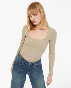 Top maille côtelée encolure carrée Femme - Couleur marron - Taille M - T-shirt et Top Femme - PIMKIE