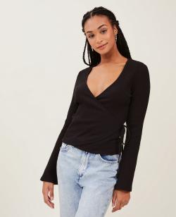 Top cache-cœur maille côtelée Femme - Couleur noir - Taille S - T-shirt et Top Femme - PIMKIE