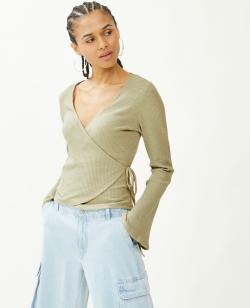 Top cache-cœur maille côtelée Femme - Couleur vert - Taille XS - T-shirt et Top Femme - PIMKIE