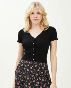 Top boutonné maille côtelée Femme - Couleur noir - Taille M - T-shirt et Top Femme - PIMKIE