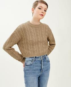 Pull court en maille torsadée Femme - Couleur marron - Taille L - Pull et Gilet Femme - PIMKIE