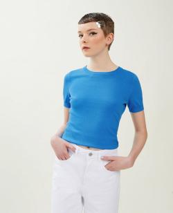 Pull manches courtes en maille fine Femme - Couleur bleu - Taille S - Pull et Gilet Femme - PIMKIE