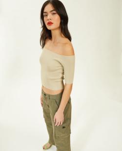 Top encolure Bardot Femme - Couleur beige - Taille S - T-shirt et Top Femme - PIMKIE