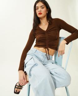 Top manches longues avec liens coulissants Femme - Couleur marron - Taille XS - T-shirt et Top Femme - PIMKIE
