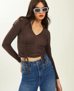 Top manches longues avec liens coulissants Femme - Couleur marron - Taille M - T-shirt et Top Femme - PIMKIE