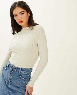 Top col cheminée maille côtelée Femme - Couleur blanc - Taille L - T-shirt et Top Femme - PIMKIE