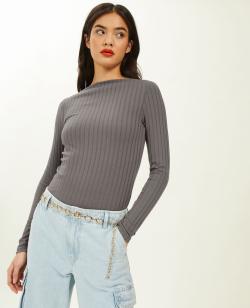 Top encolure bateau en maille côtelée Femme - Couleur gris - Taille XL - T-shirt et Top Femme - PIMKIE