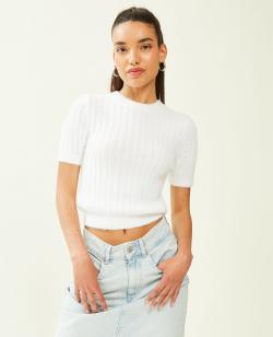 Pull duveteux à manches courtes Femme - Couleur blanc - Taille L - Pull et Gilet Femme - PIMKIE