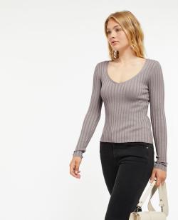 Pull col V en maille côtes plates Femme - Couleur gris - Taille XS - Pull et Gilet Femme - PIMKIE