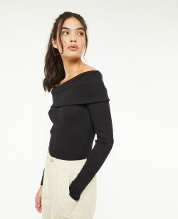 Top encolure Bardot en maille côtelée Femme - Couleur noir - Taille L - Pull et Gilet Femme - PIMKIE
