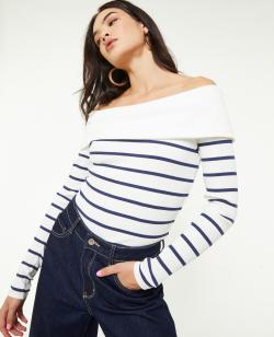 Top encolure Bardot en maille côtelée rayée Femme - Couleur blanc - Taille M - Pull et Gilet Femme - PIMKIE