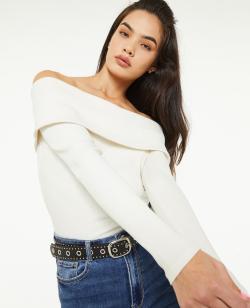 Top encolure Bardot en maille côtelée Femme - Couleur blanc - Taille M - Pull et Gilet Femme - PIMKIE