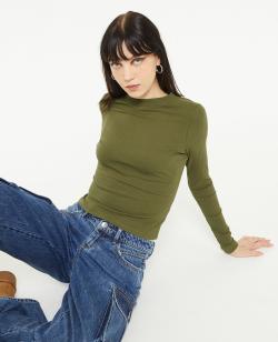 Top manches longues en maille côtelée Femme - Couleur vert - Taille XL - T-shirt et Top Femme - PIMKIE