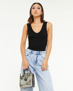 Débardeur col V avec dentelle Femme - Couleur noir - Taille XS - T-shirt et Top Femme - PIMKIE