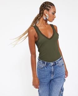 Débardeur col V avec dentelle Femme - Couleur vert - Taille XS - T-shirt et Top Femme - PIMKIE
