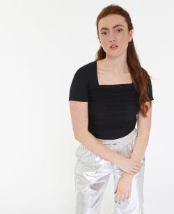 T-shirt col carré avec tulle drapé devant Femme - Couleur noir - Taille S - T-shirt et Top Femme - PIMKIE