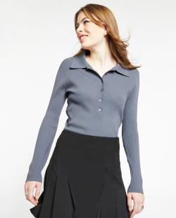Pull col polo en maille côtelée Femme - Couleur gris - Taille L - Pull et Gilet Femme - PIMKIE