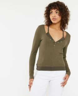 Top 2 en 1 en maille côtelée Femme - Couleur vert - Taille M - T-shirt et Top Femme - PIMKIE