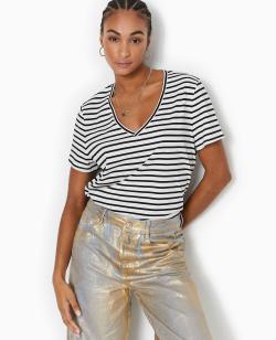 T-shirt oversize rayé col V Femme - Couleur noir - Taille S - T-shirt et Top Femme - PIMKIE