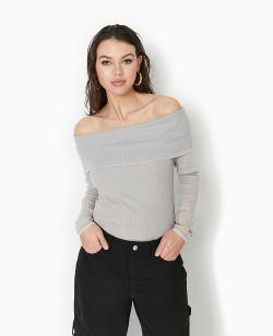 Top manches longues encolure Bardot Femme - Couleur gris - Taille M - Femme - PIMKIE