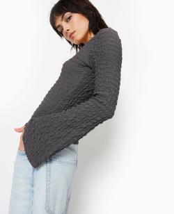 Top manches longues en maille gaufrée Femme - Couleur gris - Taille M - Femme - PIMKIE