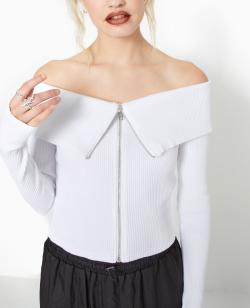 Top zippé encolure Bardot Femme - Couleur blanc - Taille XS - T-shirt et Top Femme - PIMKIE