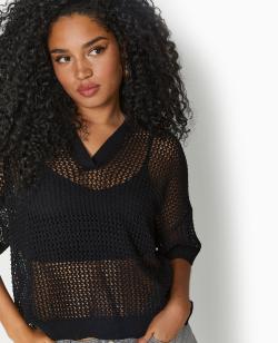 Pull polo manches courtes en maille ajourée Femme - Couleur noir - Taille S - Pull et Gilet Femme - PIMKIE
