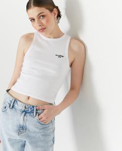 Débardeur court en maille côtelée avec broderie Femme - Couleur blanc - Taille M - T-shirt et Top Femme - PIMKIE