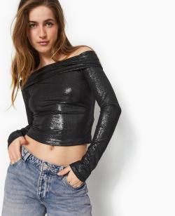 Top encolure Bardot avec paillettes Femme - Couleur noir - Taille L - Femme - PIMKIE