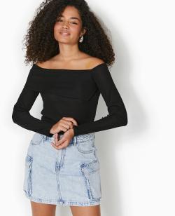 Top en maille côtelée encolure Bardot Femme - Couleur noir - Taille S - Femme - PIMKIE