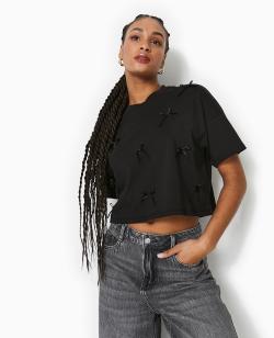 T-shirt court avec nœuds Femme - Couleur noir - Taille M - T-shirt et Top Femme - PIMKIE