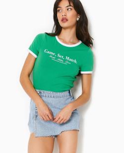 T-shirt avec print et biais contrastés Femme - Couleur vert - Taille XS - T-shirt et Top Femme - PIMKIE