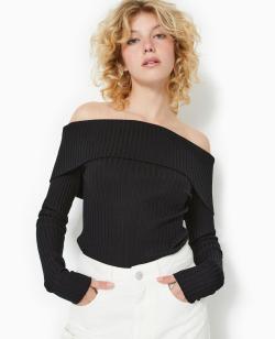 Pull maille côtelée encolure Bardot Femme - Couleur noir - Taille XS - Pull et Gilet Femme - PIMKIE