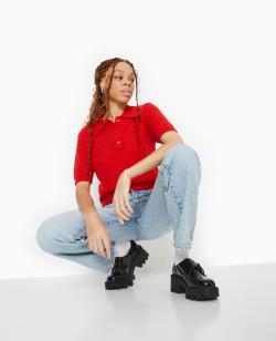 Pull col polo en maille légère Femme - Couleur rouge - Taille L - Pull et Gilet Femme - PIMKIE