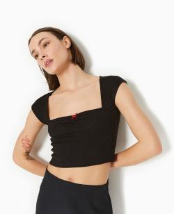 Top maille fantaisie avec nœud contrasté Femme - Couleur noir - Taille M - T-shirt et Top Femme - PIMKIE