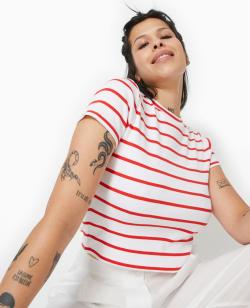 T-shirt en maille côtelée motif rayures Femme - Couleur rouge - Taille XS - T-shirt et Top Femme - PIMKIE
