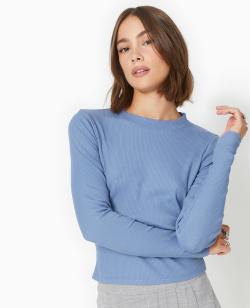 Top manches longues en maille côtelée Femme - Couleur bleu - Taille L - T-shirt et Top Femme - PIMKIE