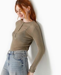 Pull maille transparente avec patte boutonnée Femme - Couleur gris - Taille XL - Pull et Gilet Femme - PIMKIE