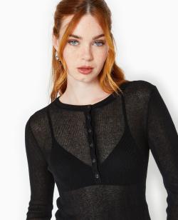 Pull maille transparente avec patte boutonnée Femme - Couleur noir - Taille XS - Pull et Gilet Femme - PIMKIE