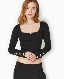 Top manches longues avec roses en satin Femme - Couleur noir - Taille XS - T-shirt et Top Femme - PIMKIE
