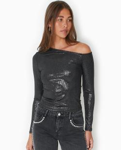 Top one shoulder en maille pailletée Femme - Couleur noir - Taille L - T-shirt et Top Femme - PIMKIE
