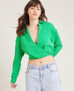 Chemisier court effet cache-cœur Femme - Couleur vert - Taille XS - Blouse et Chemise Femme - PIMKIE