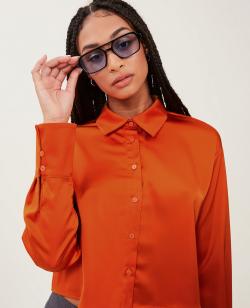 Chemise courte en tissu satiné Femme - Couleur orange - Taille S - Blouse et Chemise Femme - PIMKIE