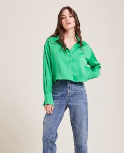 Chemise courte en tissu satiné Femme - Couleur vert - Taille M - Blouse et Chemise Femme - PIMKIE